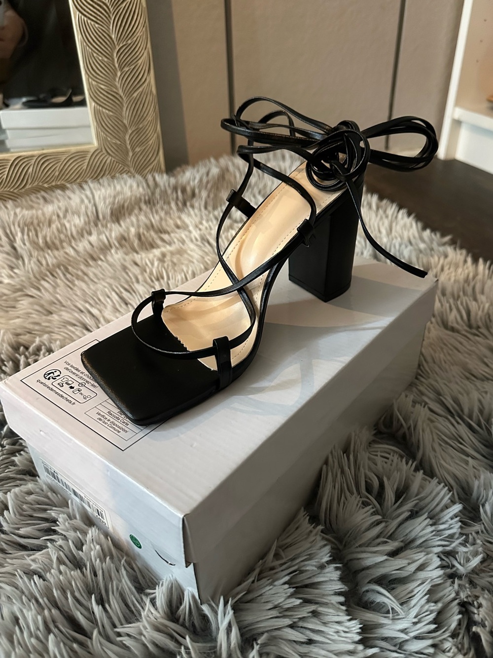 SHEIN Black Lace-Up Square Toe Block Heel Sandals